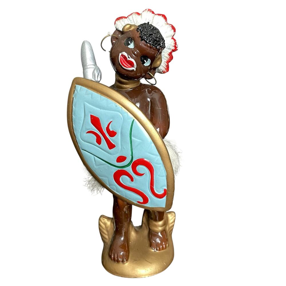 Vintage African Tribal Dancer with Shield Figurine Ceramic Mid Century Japan